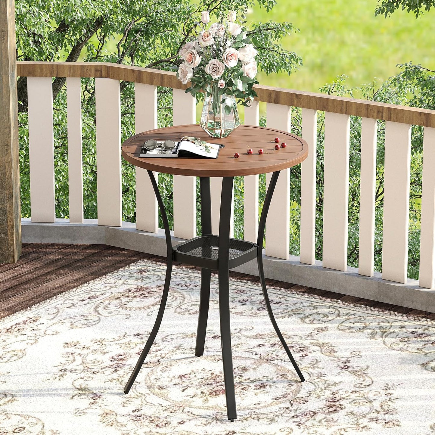 VICLLAX 28" Round Outdoor Bar Table, Counter Height Patio Table with Adjustable Umbrella Hole for Balcony, Walnut Wood-Like