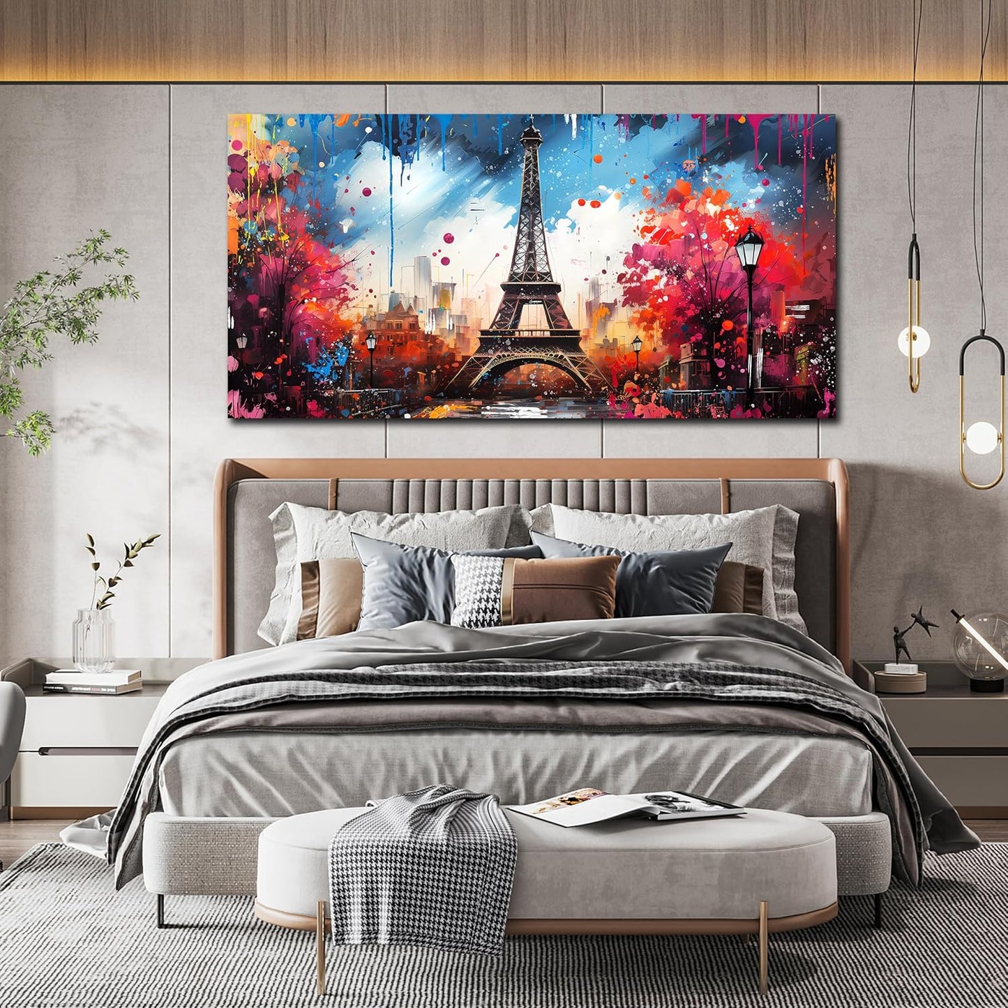 Large Canvas Wall Art Paris Eiffel Tower Decor Modern Graffiti Canvas Prints Ready to Hang for Living Room Bedroom Framed Home Decor Size 30x60