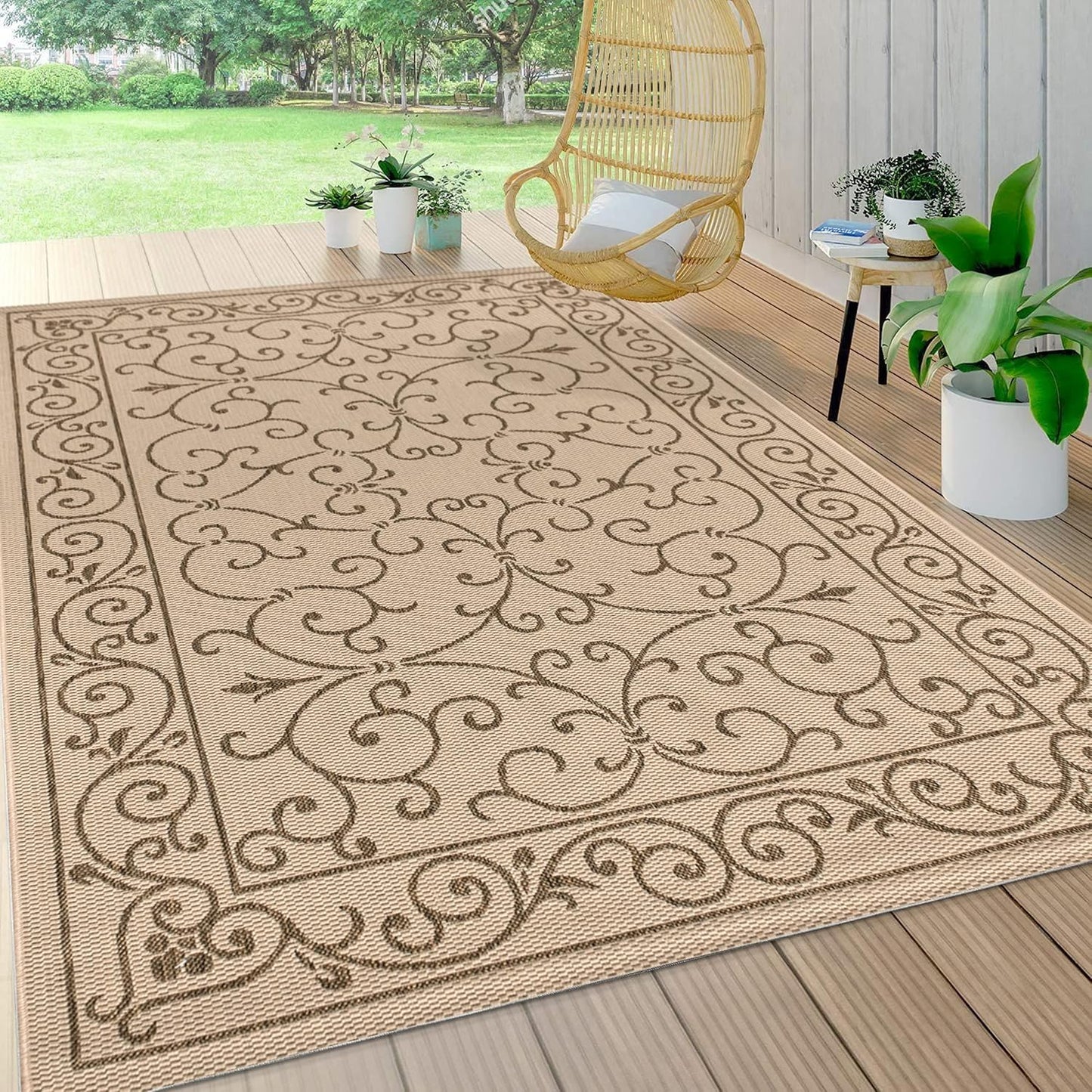 JONATHAN Y Vintage Filigree Indoor Outdoor Area Rug 4X6 Beige/Brown, Charleston Textured Weave for Backyard, Patio, Porch, Easy-Cleaning, High Traffic, Pet-Friendly, Non-Shedding (SMB106A-4)