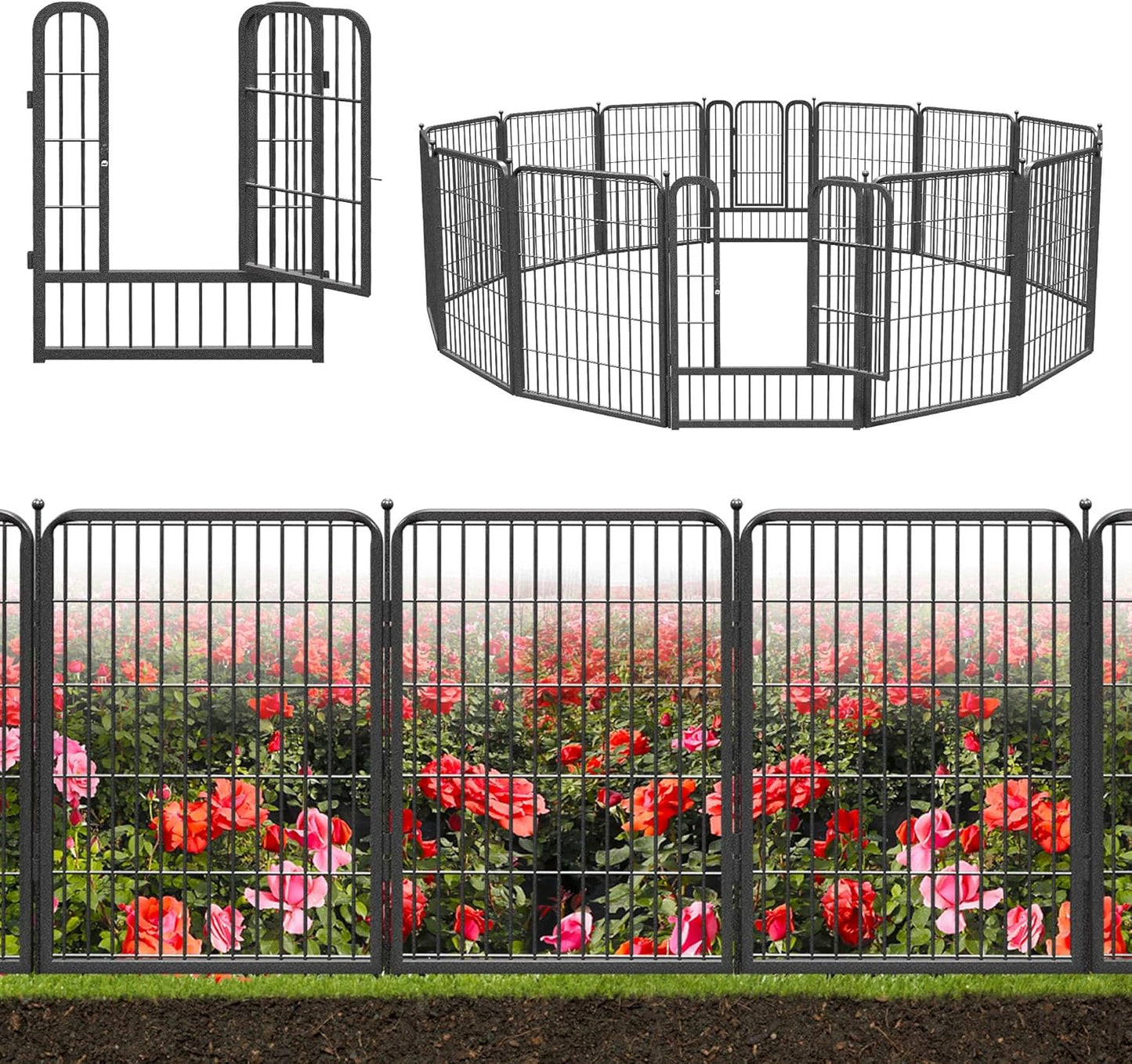 Decorative Black Metal Garden Fence, 27ft(L) 32in(H) 12 Fence Panels No Dig Fence Rustproof Animal Barrier Garden Fencing Temporary Fencing Dog Fence Outdoor