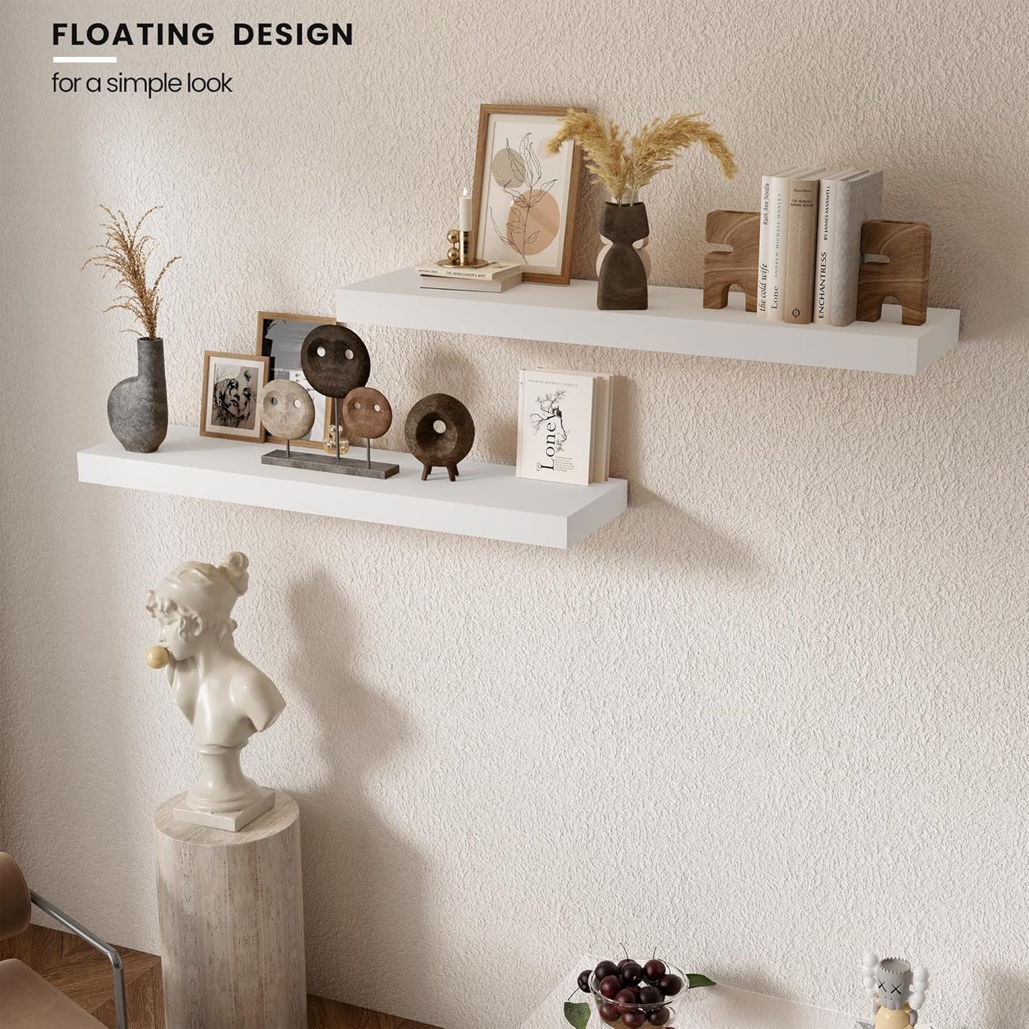 Floating Wood Shelves for Wall 36 Inches x 8”x 1.4” Shelf Floating Home Decor, Heavy Duty Shelf Hold 80 lbs, Wall Shelves for Bathroom Living Room Kitchen Bedroom Office - Set of 2 White