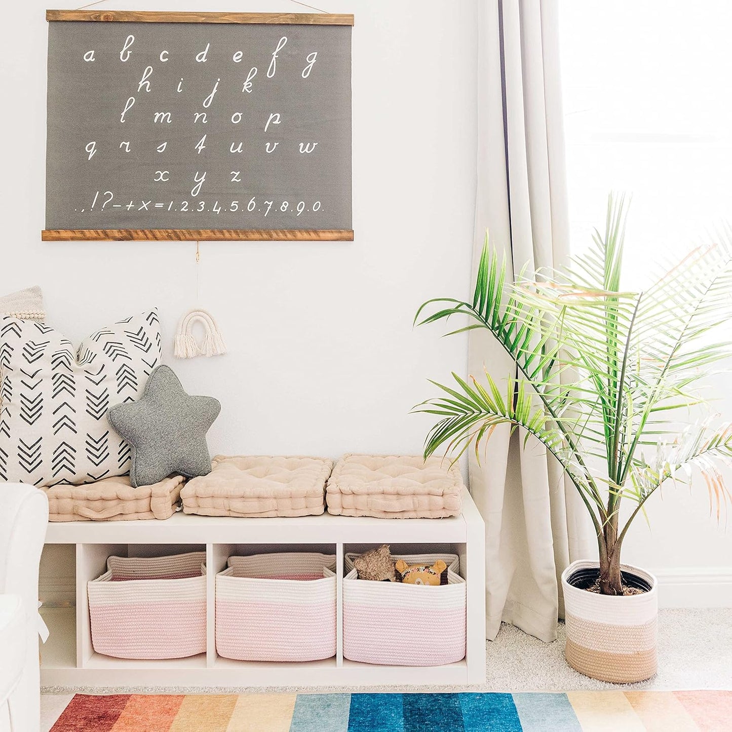 OrganiHaus Woven Storage Baskets for Organizing, Cotton Rope Organizer Bins for Shelves, Closet & Nursery, Dog Toy Basket, Decorative Bins for Toys, Towels & Books - 15x10x9, Pink/Off-White