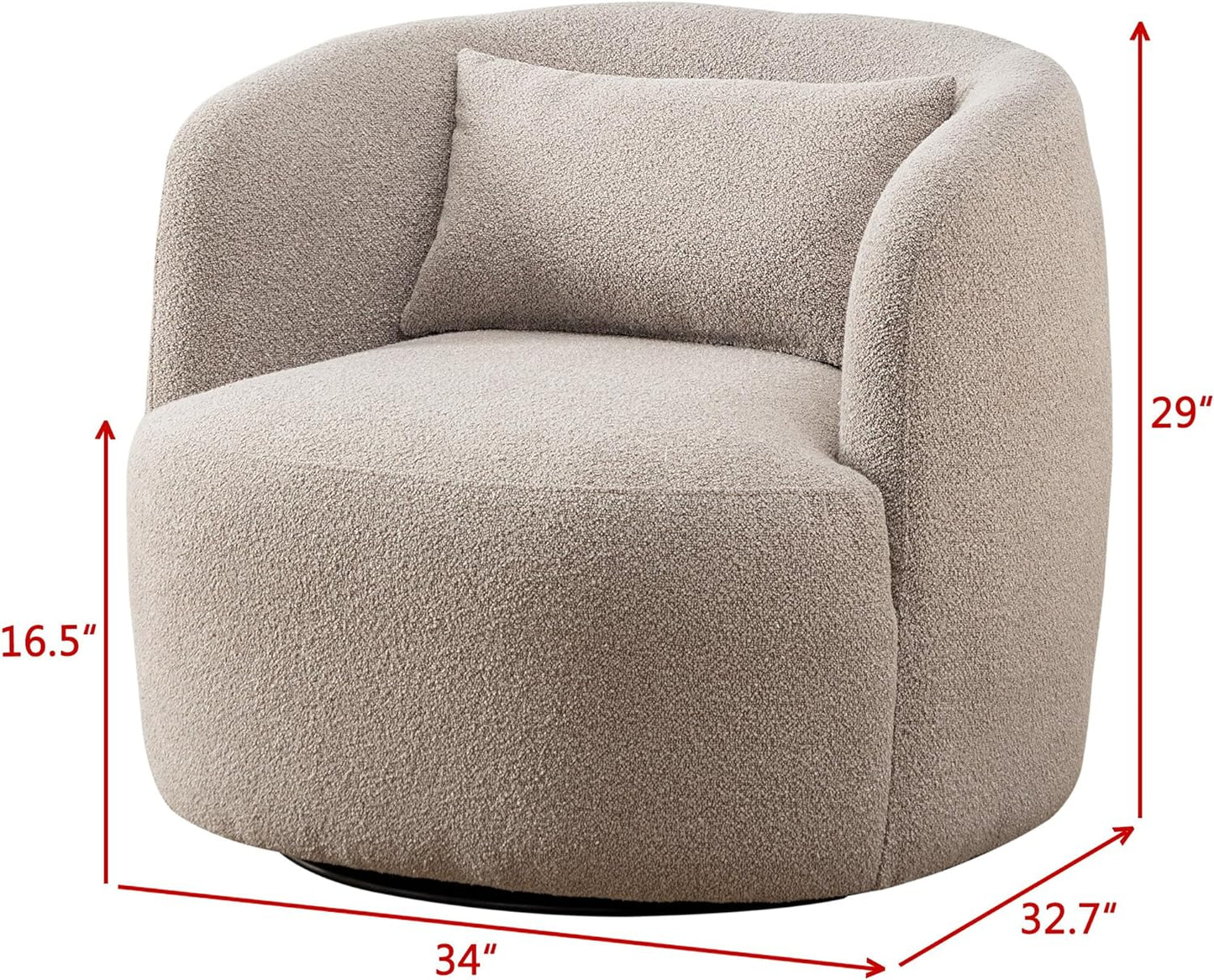 KINWELL 34" Wide Boucle Swivel Barrel Chair, No Assembly Round Upholstered Armchair Accent Chair Single Sofa Chair with Toss Pillow for Living Room and Bedroom, Taupe