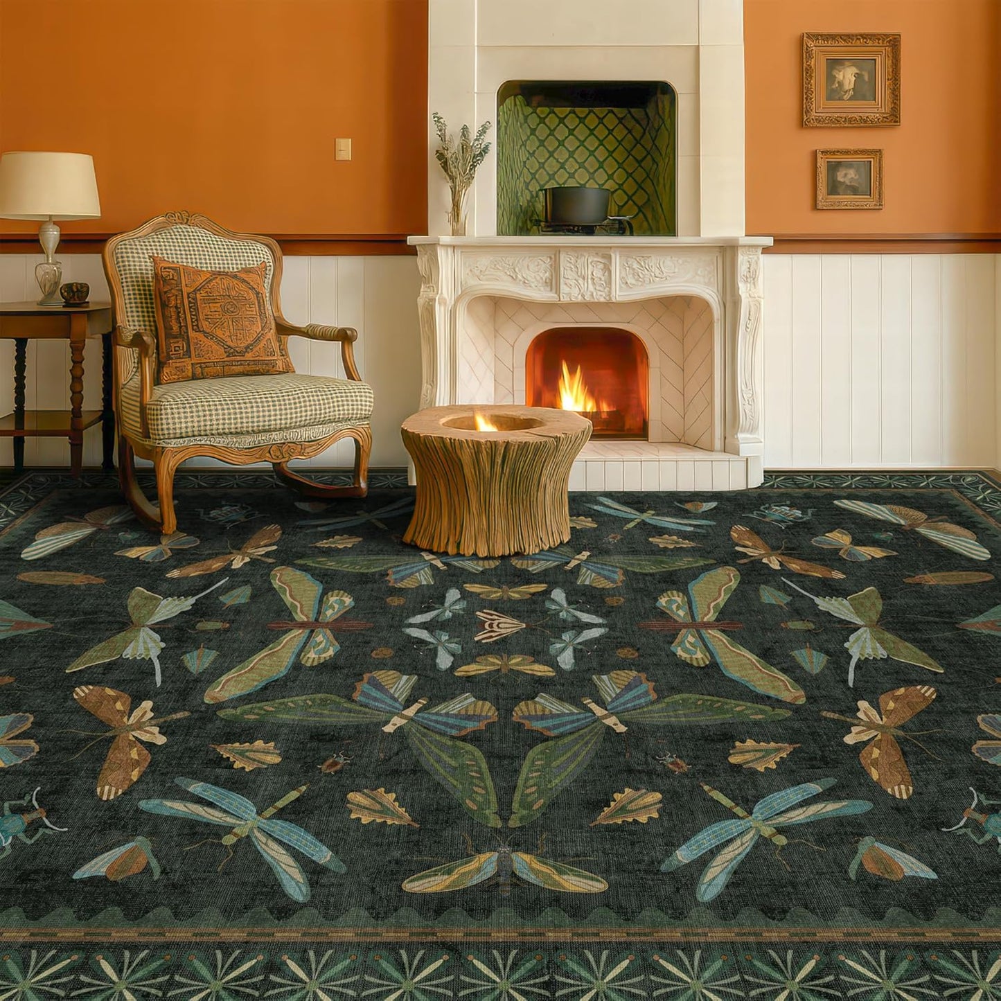 6x9 Dark Green Area Rugs for Dining Room - Rugs for Living Room, Bedroom Under Bed, Insect Moth Floral Non Slip Low Pile Floor Carpet