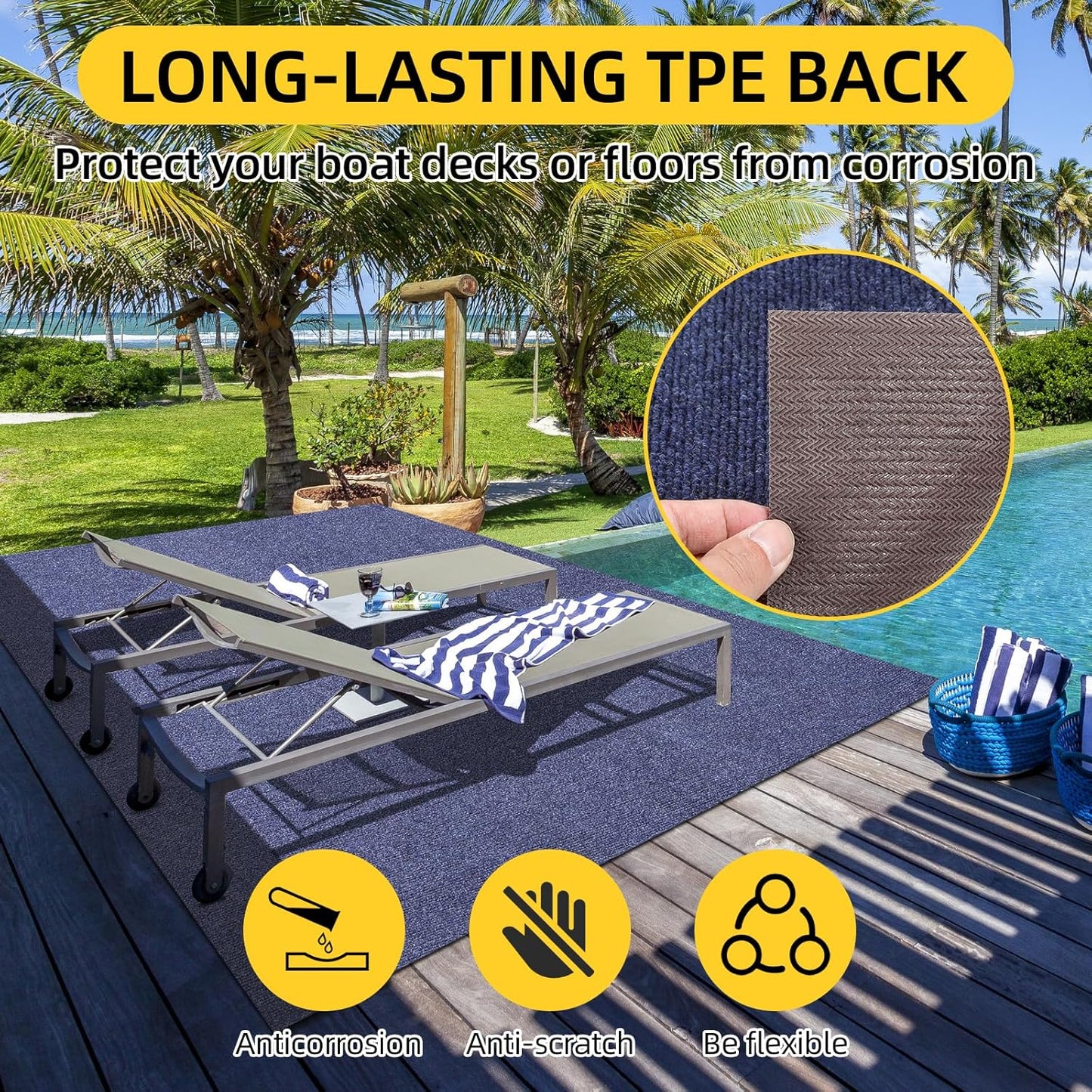 Marine Carpet,5 FT x 10 FT Deep Blue Indoor Outdoor Carpet 0.2" Thick Boat Carpet with Water-Proof TPE Backing, Non-Slide Outdoor Marine Carpet Roll for Home, Patio, Porch, Deck