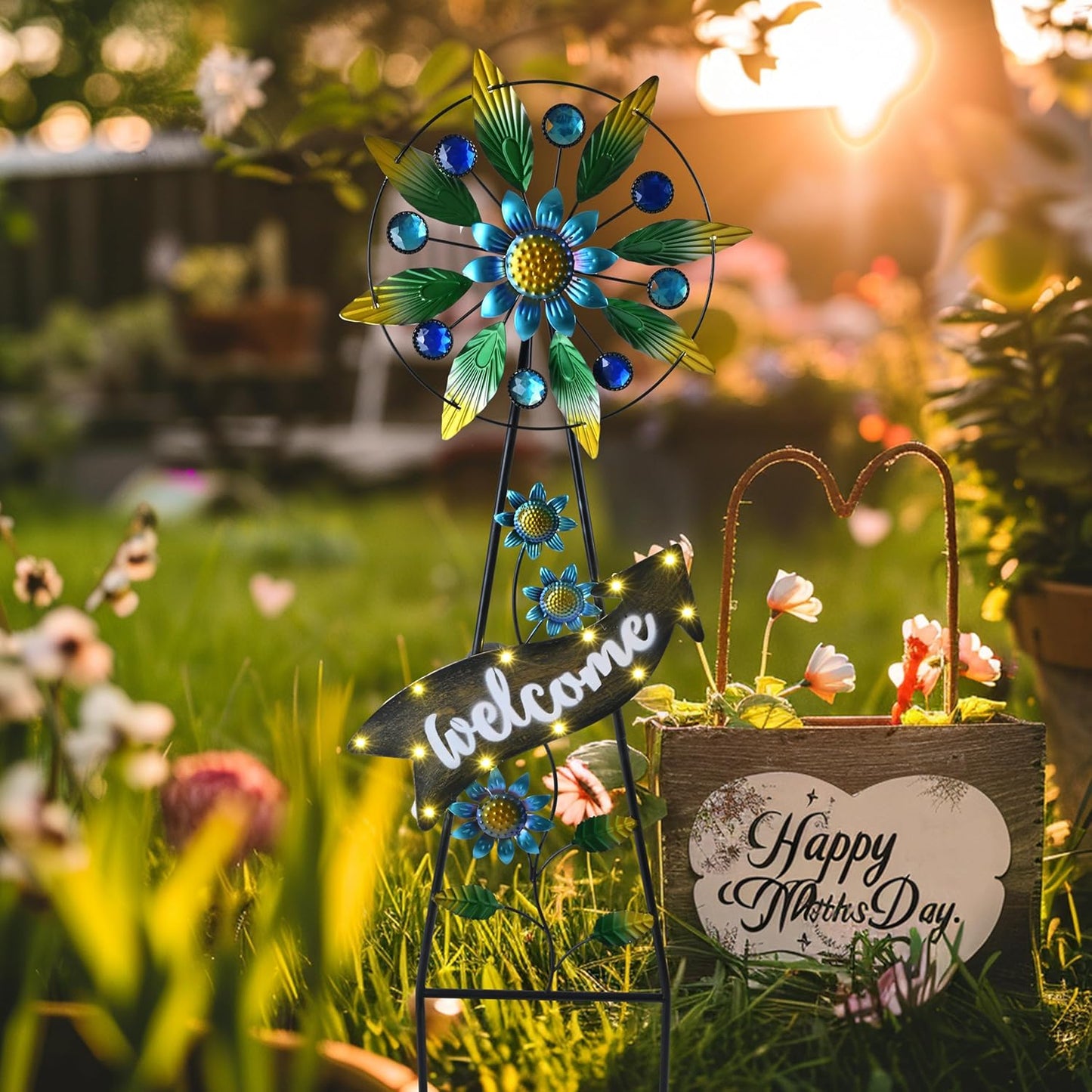 TERESA'S COLLECTIONS Hummingbird Garden Solar Stake, Wind Spinner Yard Art Sign for Outdoor Decor, Metal Purple Floral Windmill Decorative Garden Stake for Lawn Ornaments, Gifts for Mom, 36''