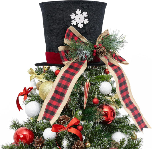 GENMOUS Christmas Hat Tree Topper, Buffalo Plaid Snowflake Christmas Tree Topper Bows with Light, Xmas Tree Top Ornament Home Decorations Ideal Gifts