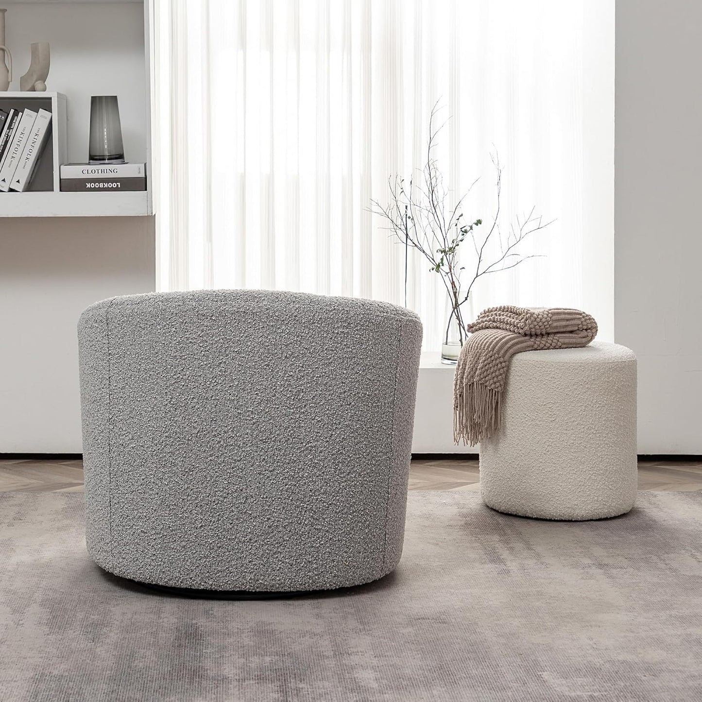 KINWELL 34" Boucle Swivel Barrel Chair with 18" Round Ottoman Set, Fully Assembled Set of Sherpa Accent Chair and Footrest, Modern Comfy Armchair and Footstool for Living Room and Bedroom, Black White