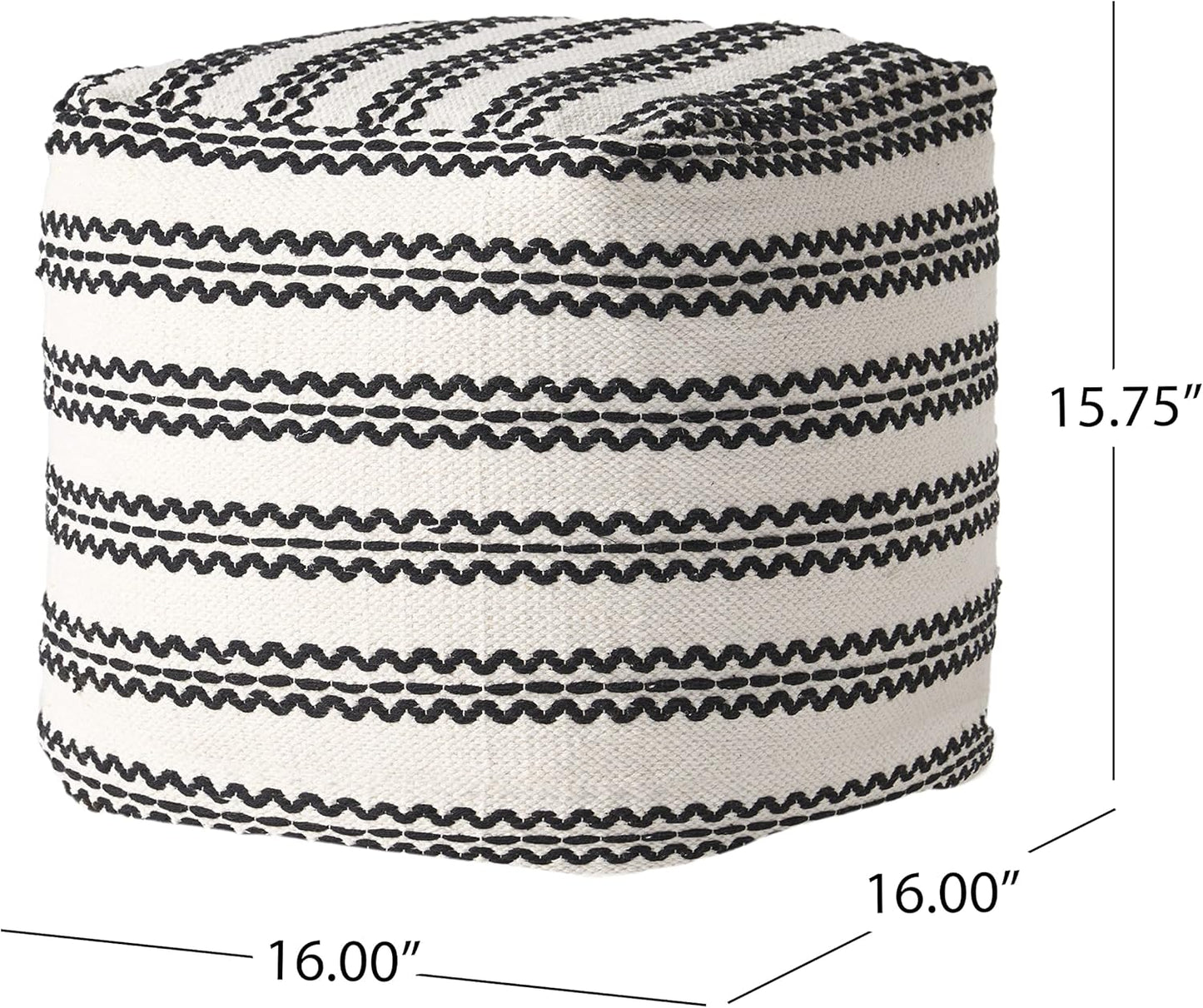 GDFStudio Boho Handmade Fabric Cube Pouf Ottoman Foot Stool - Bean Bag Floor Chair - Foot Rest Couch for Living Room Bedroom,Natural and Black,16" x 16" x 15.75"