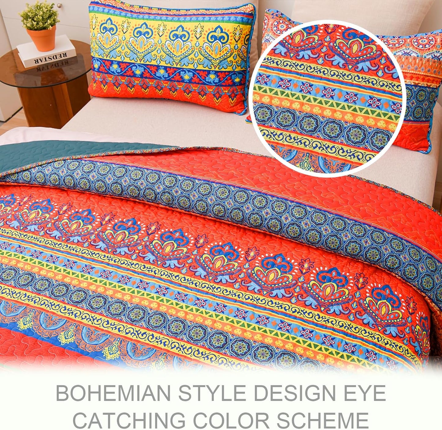 Exclusivo Mezcla Reversible Boho Quilt Set Queen Size, 3 Pieces Bohemian Blue All Season Bedspreads, Ultra Soft Floral Coverlet Bedding Set with Printed Pattern (1 Quilt, 2 Pillow Shams)