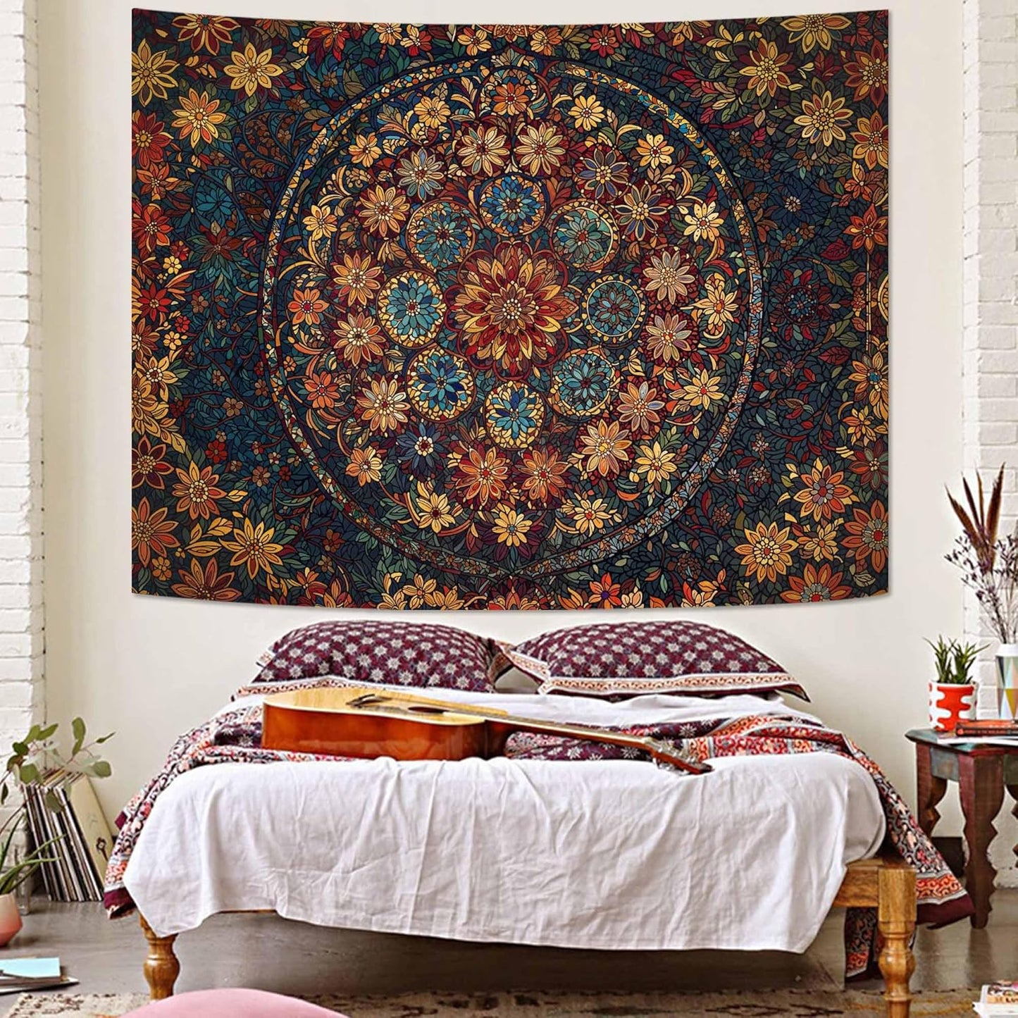 Fowocu Boho Floral Mandala Tapestry Wall Hanging Vintage Bohemian Flower Medallion Tapestry Aesthetic Orange Stained Glass Hippie Tapestries for Bedroom Living Room Dorm Decor 60 x 44 Inch
