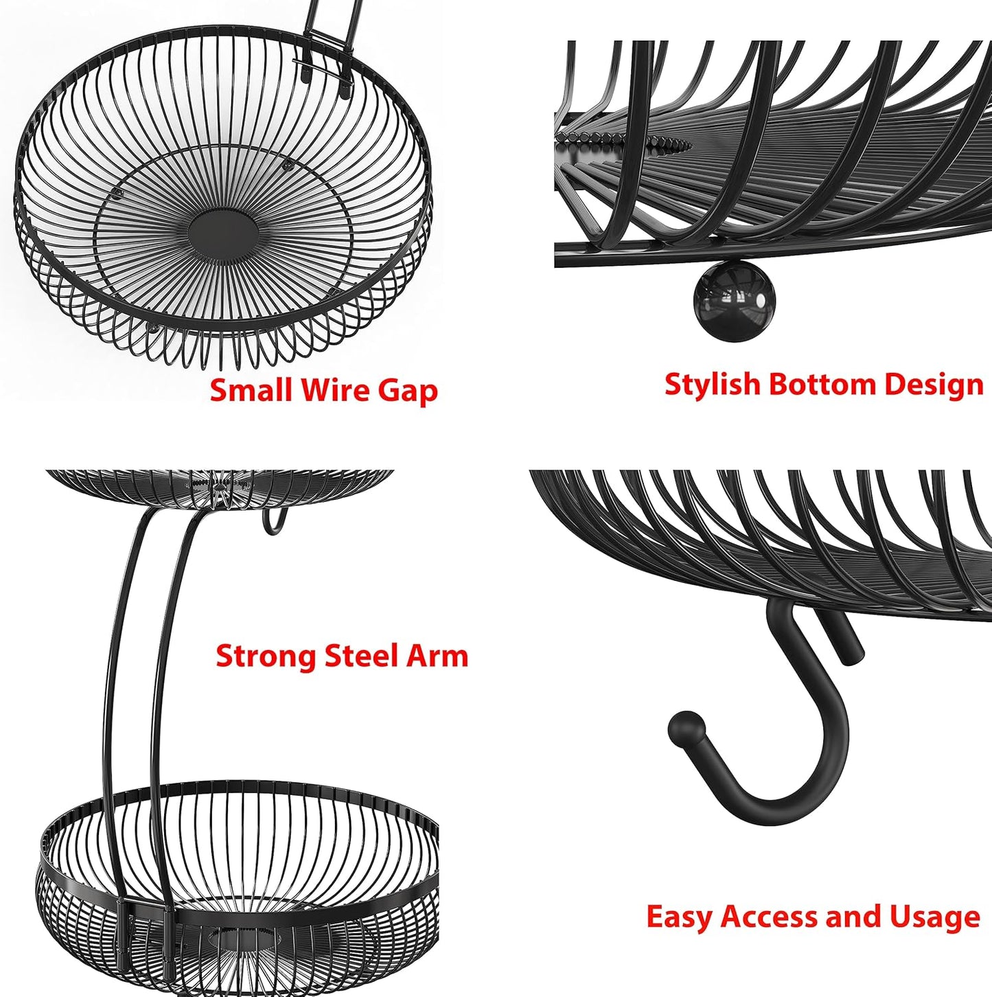 Simple Houseware 2-Tier Countertop Fruit Basket with Banana Hanger, Black
