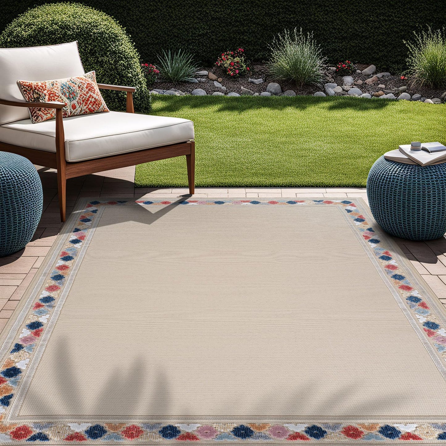 Beverly Rug Outdoor Rug 6x9 Modern Bordered Area Rugs for Indoor and Outdoor Patio Easy to Clean Non Shedding Living Room Porch Garden Washable Outside Carpet (6 x 9 Beige)