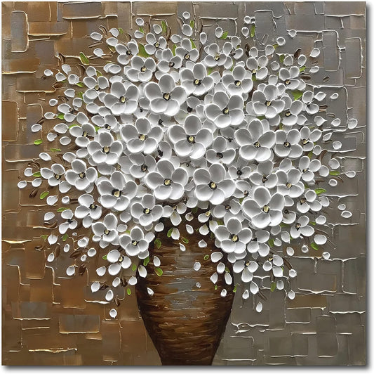 Epicler Hand Painted 3D Oil Painting on Canvas 24x24 inch White Flower Art,Morden Canvas Wall Paintings, Metal Textured Gold and Silver Background White Flower Artwork