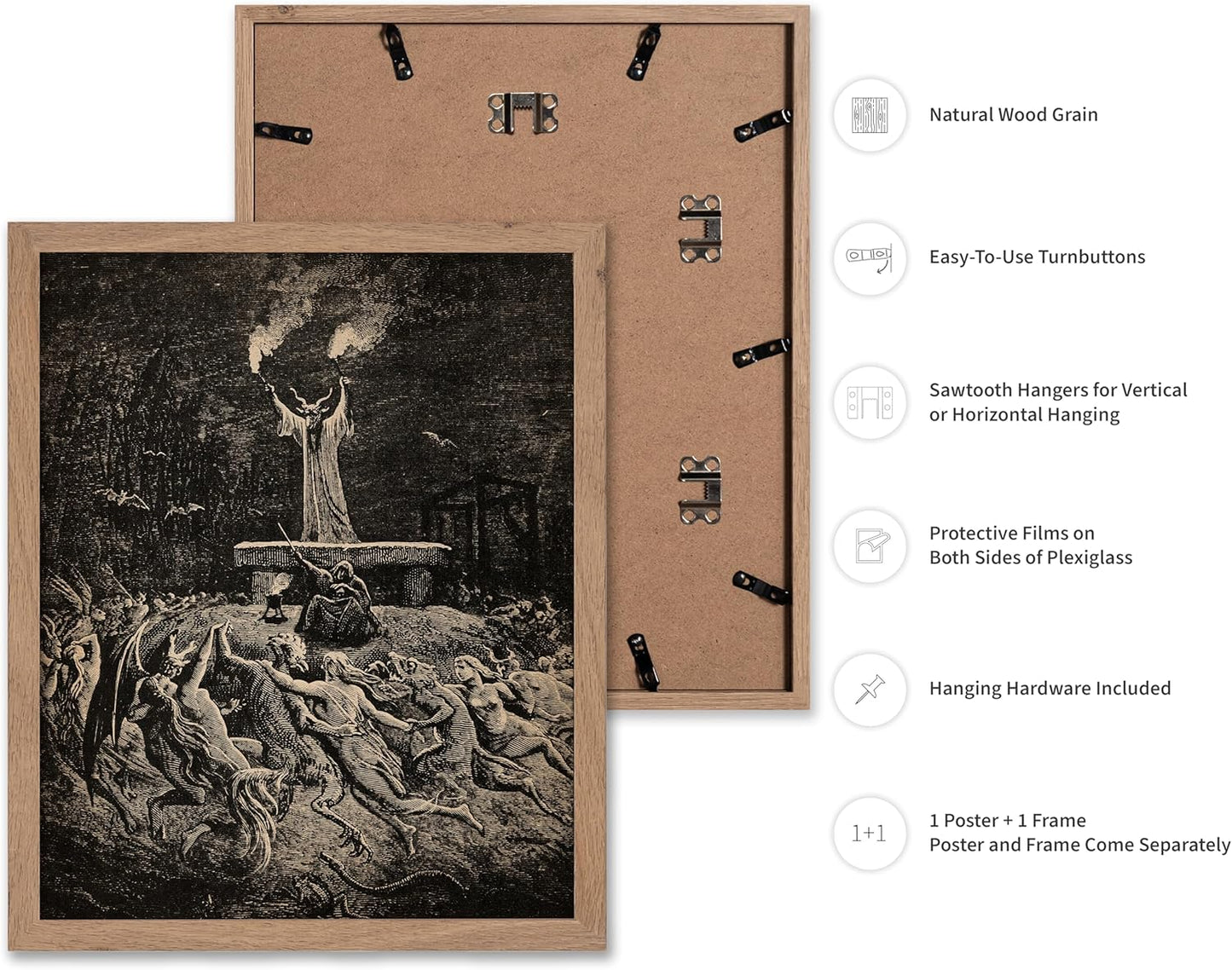 Poster Master Vintage Gustave Dore Poster - Retro Illustration Print - Gift for Gothic, Horror Fan - Dance of Sabbath, Witch, Magic, Spell - Wall Decor for Bedroom, Dorm, 8x10 Beige Framed