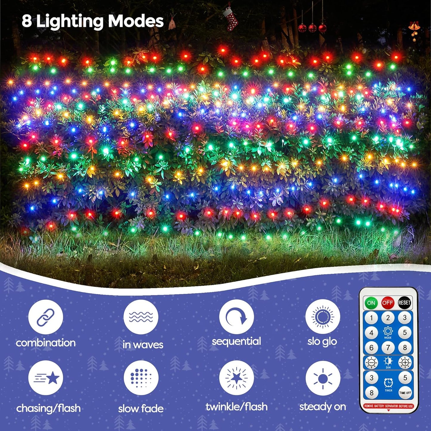 WBao Solar Christmas Lights Outdoor 360LED 11.5ft x 6.9ft Christmas Bushes Lights with Remote, 8 Lighting Modes, Timer, Waterproof for Lawn, Bushes, Trees Outdoor Christmas Decorations, Multicolor
