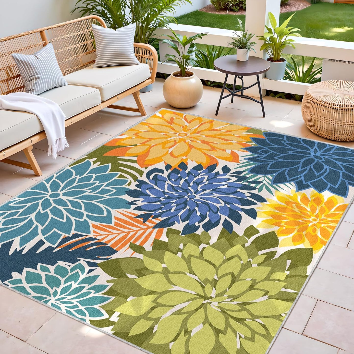 Indoor Outdoor Area Rug Washable Multicolored Patio Rug Tropical Botanical Modern Floral Indoor Outdoor Carpet Non Slip Yellow Green Rug Non Shedding for Patio, Deck, Backyard, Porch (5x8)