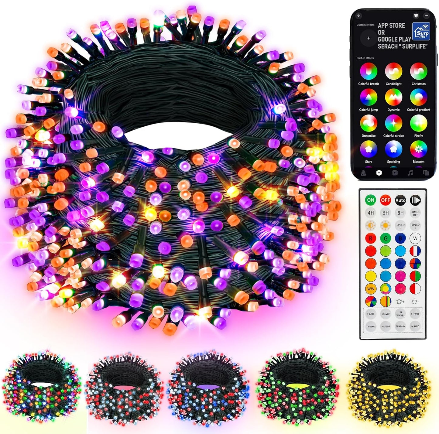 Dazzle Bright Smart Halloween String Lights, 98FT 300 LED RGB Color Changing String Lights with Remote & App Controlled, Christmas Decorations for Indoor Outdoor Holiday Xmas Tree Party Decor