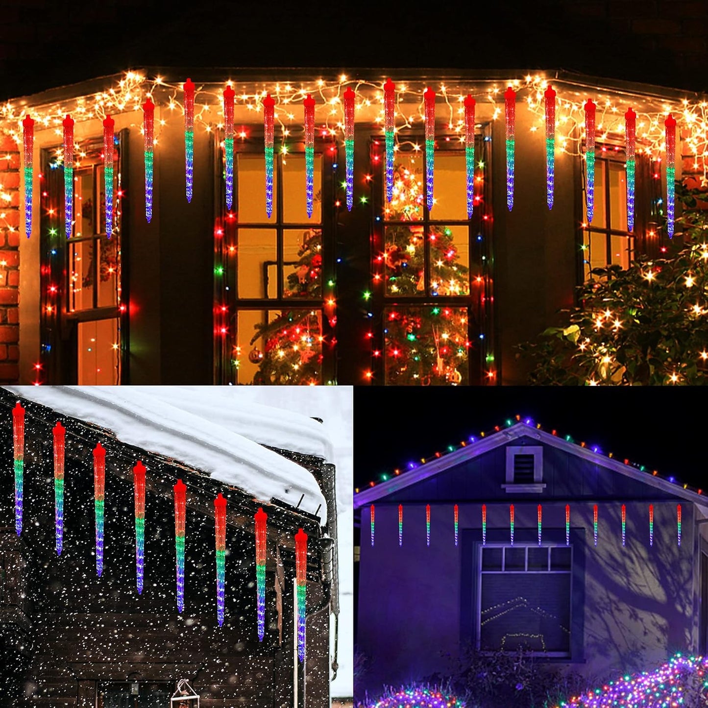 WATERGLIDE Meteor Shower Lights, 12" Outdoor Icicle Christmas Lights 8 Icicles 192 SMD LED Crystal Ice Falling Light, Connectable Raindrop Light, Xmas Winter Party Tree Holiday Decor, Multicolor