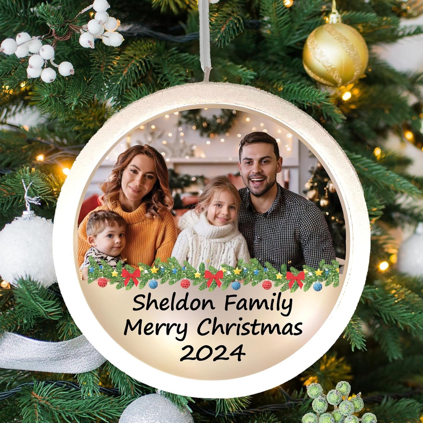 Personalized Family Christmas Ornament with Light – Custom Photo Ornaments, Customized Christmas Decoration, Picture Ornament for Tree, Customizable Family Keepsake Gift