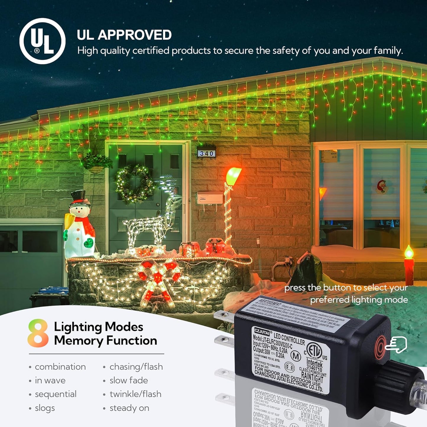 Hopolon 33FT 360L LED Christmas Icicle Lights Outdoor Waterproof,8 Modes Plug in Curtain String Lights with 60 Drops,Christmas Lights for Wedding,Party,Bedroom,Garden,Home,Wall Decorations(Red Green)