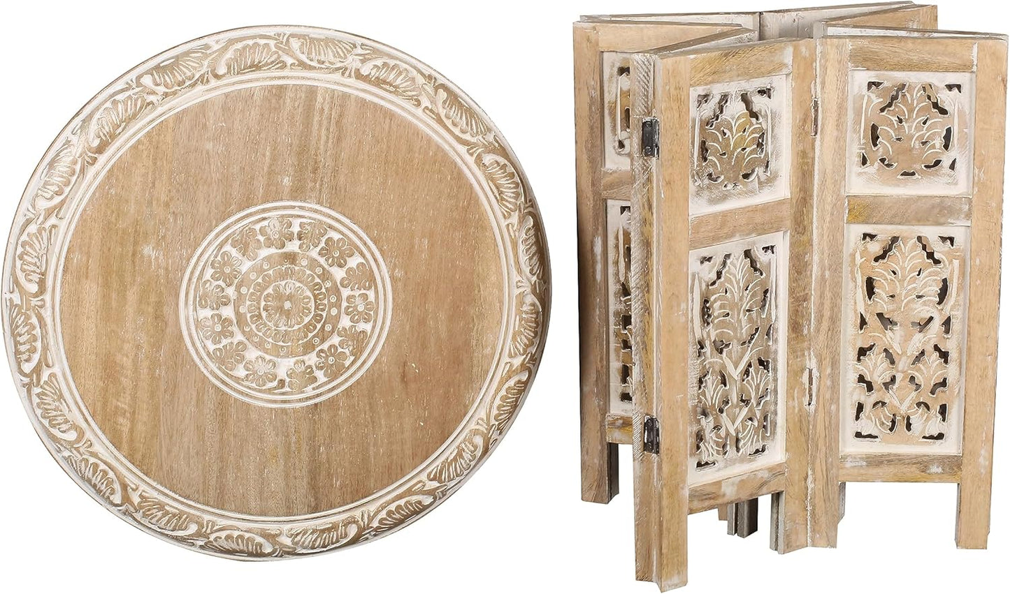 Lightnpro Hand Carved Solid Mango Wood Octagonal Accent Table - 18"×18" White Wash Farmhouse Vintage Home Décor Round End Table for Living Room, Bedroom, Entryway - Rustic Boho Side Table