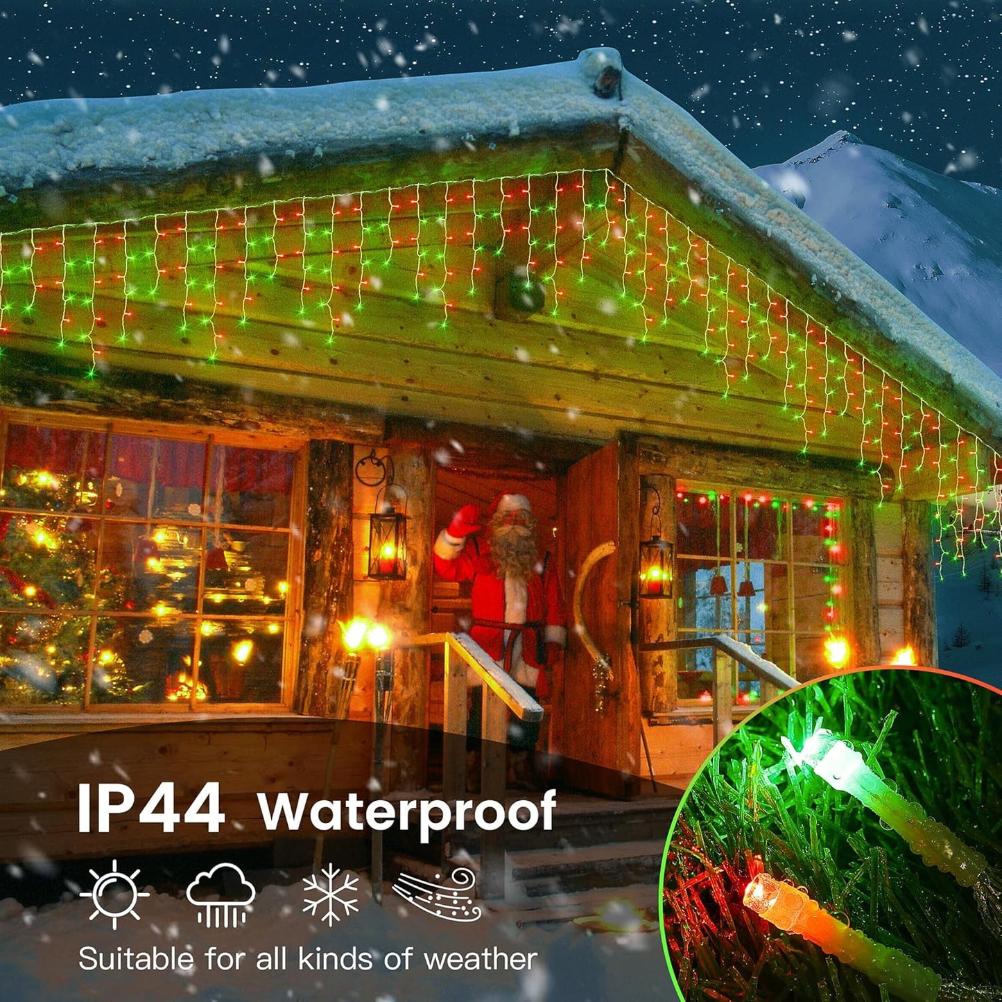 Hopolon 33FT 360L LED Christmas Icicle Lights Outdoor Waterproof,8 Modes Plug in Curtain String Lights with 60 Drops,Christmas Lights for Wedding,Party,Bedroom,Garden,Home,Wall Decorations(Red Green)