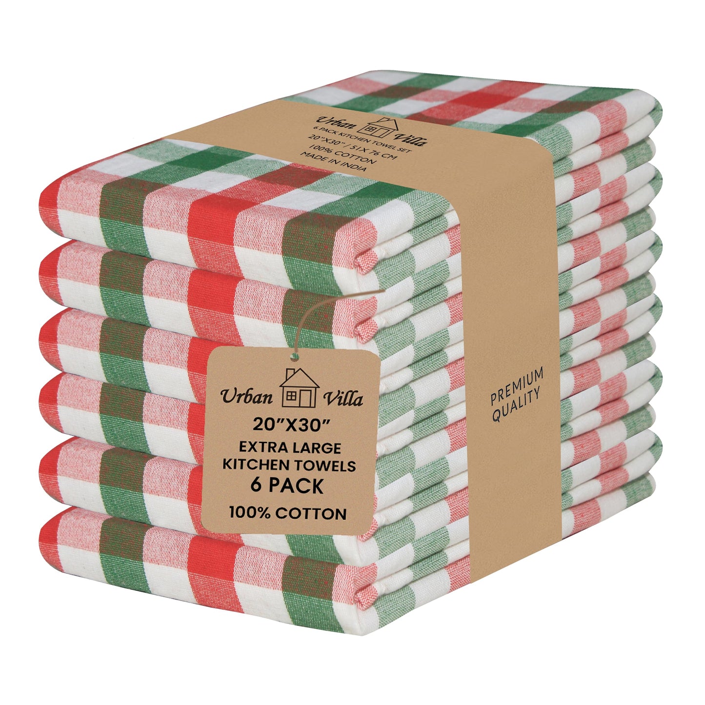 Christmas Kitchen Towels Set (6 Pack) – 100% Cotton, Absorbent Dish Cloths with Hanging Loop (X-Mas Checks, 20"x30")