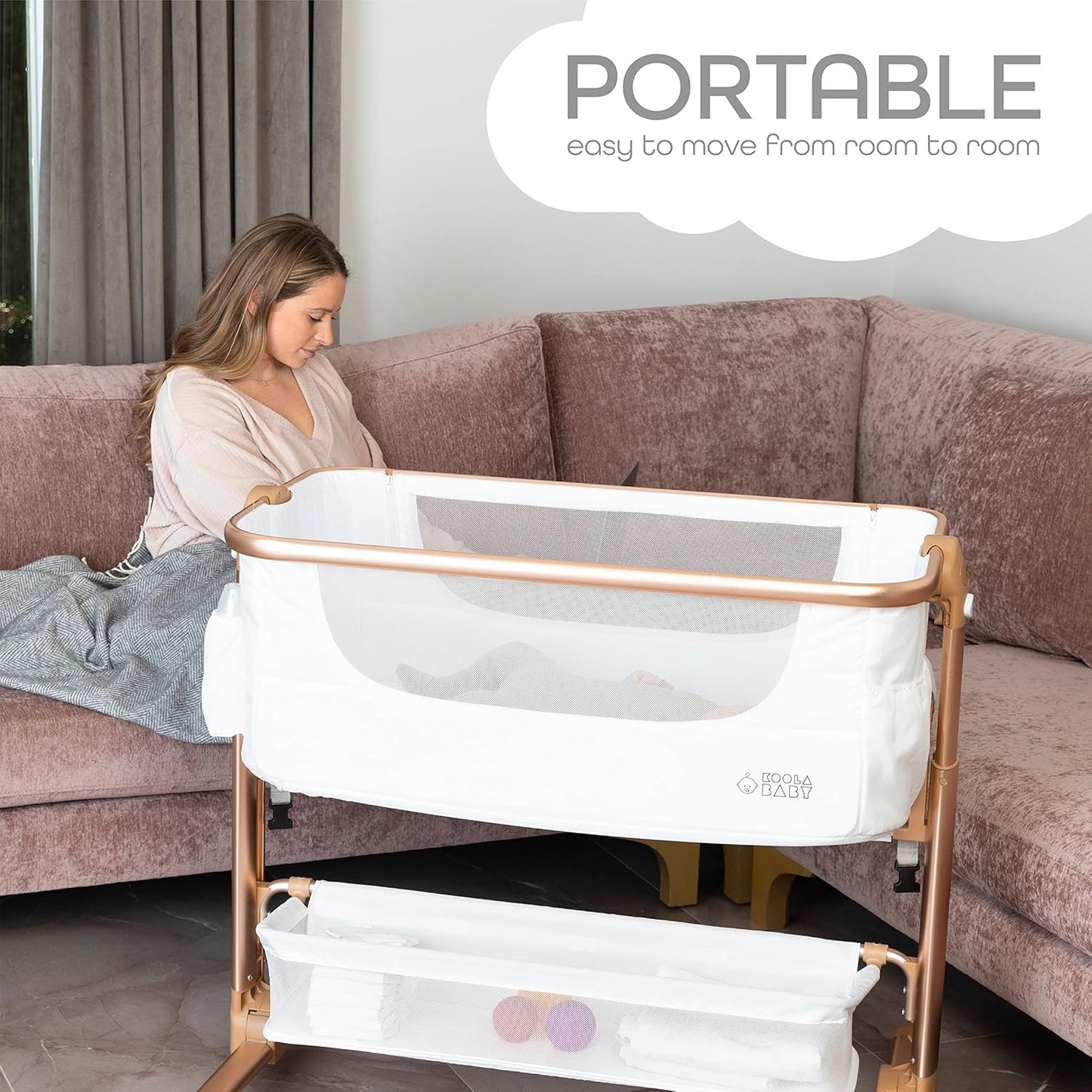 KoolerThings Baby Bassinet, Bedside Sleeper for Baby, Easy Folding Portable Crib with Storage Basket for Newborn, Bedside Bassinet, Comfy Mattress/Travel Bag Included (Bassinet) (White & Gold)
