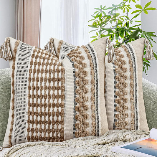 AmHoo Set of 2 Chenille Striped Textured Boho Throw Pillow Covers Aesthetic with Tassels Woven Decorative Pillow Case for Couch Bed Sofa Bedroom Modern Funky 18 x 18-Inch Taos Taupe