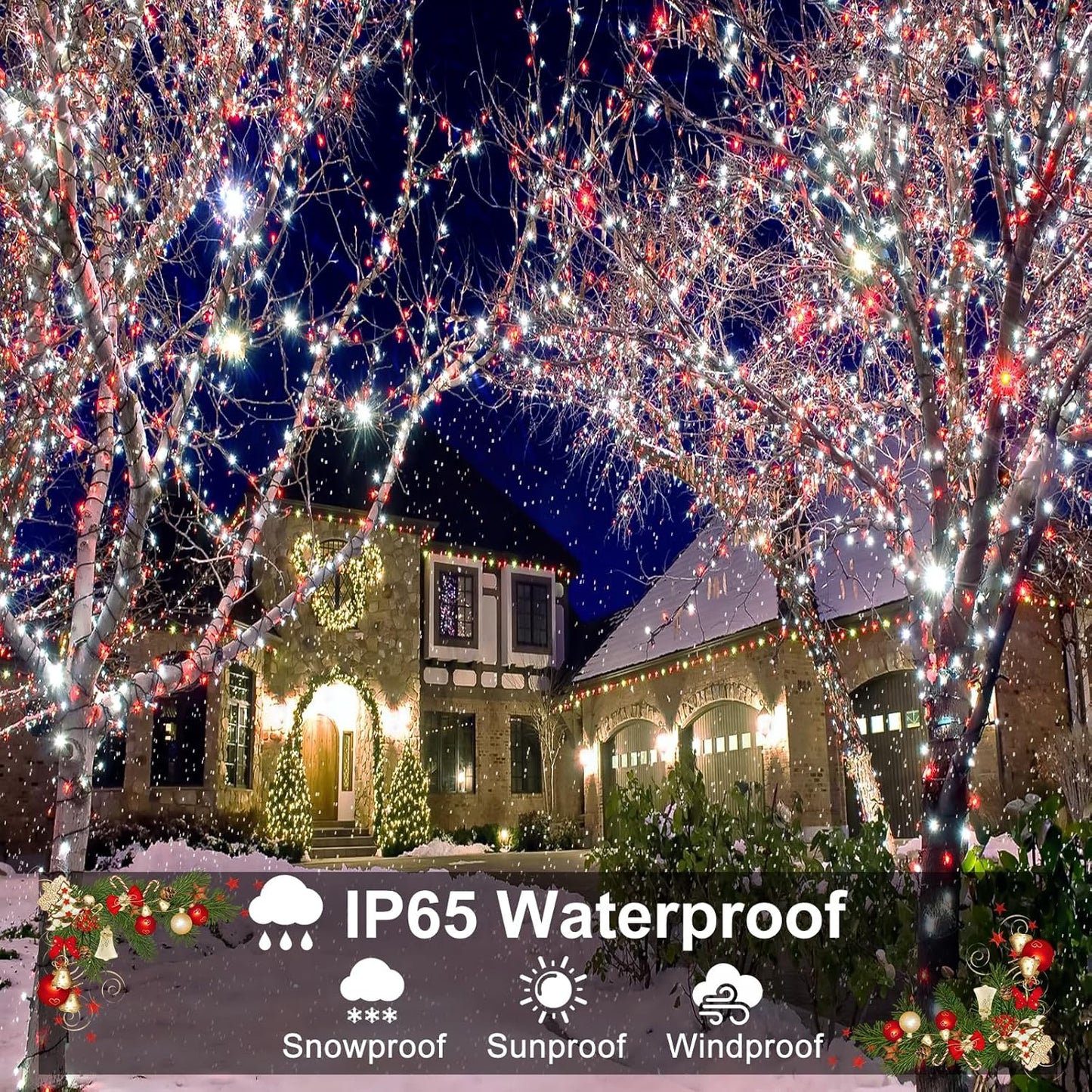 Christmas Lights Outdoor, 66FT 200 LED Christmas String Lights with 8 Modes Waterproof, Connectable Green Wire Twinkle Light for Indoor Patio Garden Xmas Party Holiday Decorations, Red White