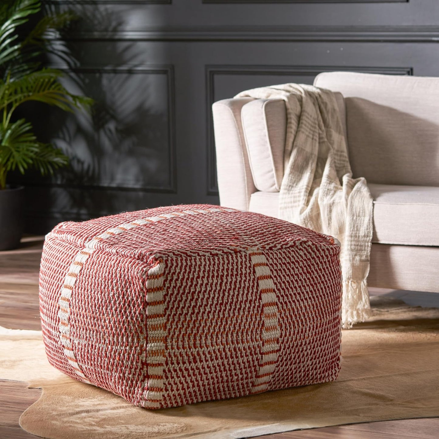 GDF Studio Indoor/Outdoor Boho Handmade Water Resistant Fabric Rectangular Pouf Ottoman Foot Stool - Bean Bag Floor Chair - Foot Rest Couch for Living Room Bedroom, Red and Orange,26" x 26" x 16.5"