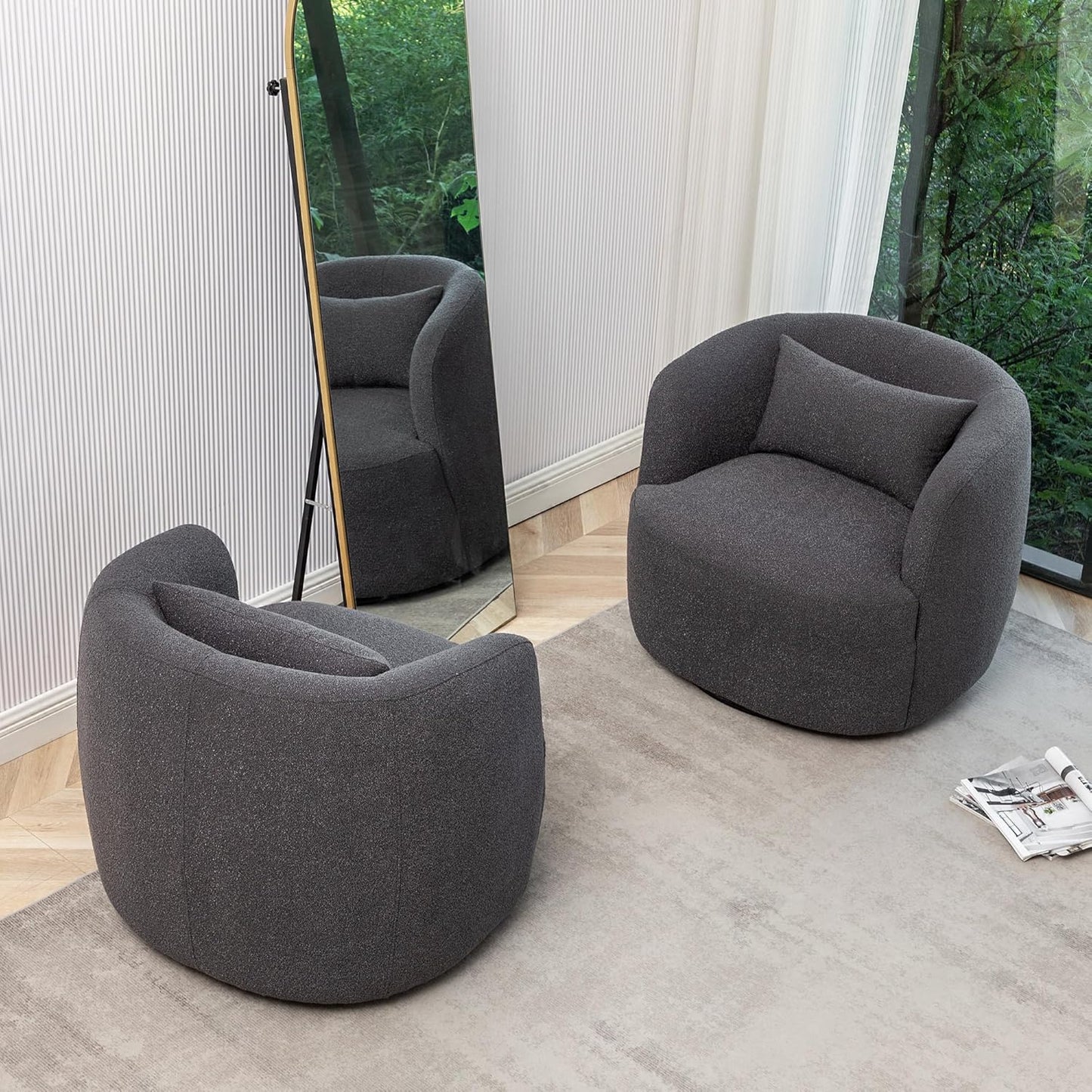 KINWELL 34" Wide Boucle Swivel Barrel Chairs Set of 2, No Assembly Round Upholstered Armchairs Accent Chairs Single Sofa Chair with Toss Pillow for Living Room and Bedroom, Dark Grey