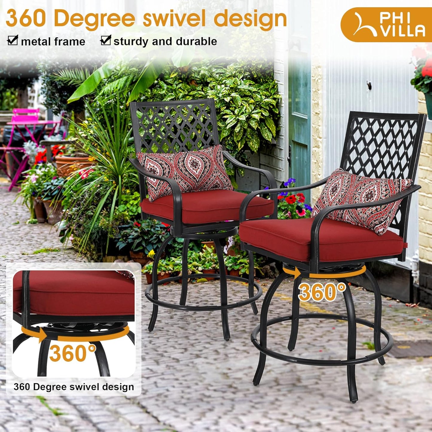 PHI VILLA 5 Piece Patio Bar Hight Dining Set for 4, Outdoor Bar Set with 4 Swivel Cushioned Bar Stools and 1 Square Metal Bar Table(1.9" Umbrella Hole) for Lawn Garden