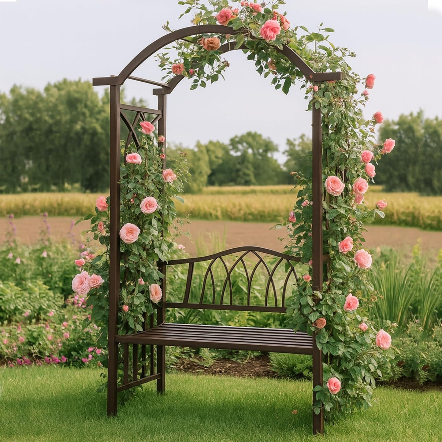 Brown Aluminum Garden Arbor Arch with 2-Seater Bench