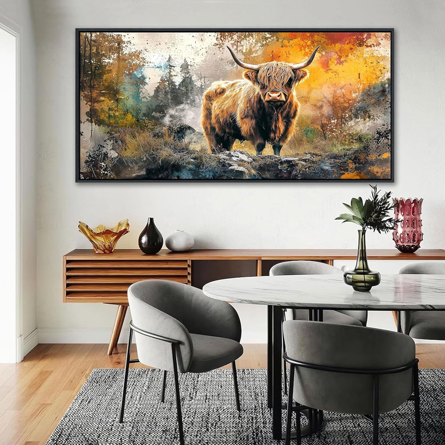 QZQCBLC Large Framed Wall Art, Vintage Rustic Abstract Landscape Canvas Wall Pictures Highland Cow Canvas Print Paintings Artwork for Living room Bedroom kitchen Home Office Decor 29x58 IN