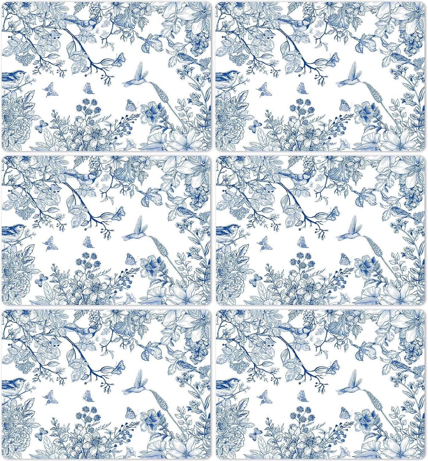 Blue Floral Placemats Set of 6 Flower Bird Plastic Table Mats Seasonal Spring Placemats Chinoiserie Place Mats Rustic Vintage Table Decoration for Indoor Outdoor Party Kitchen Dining