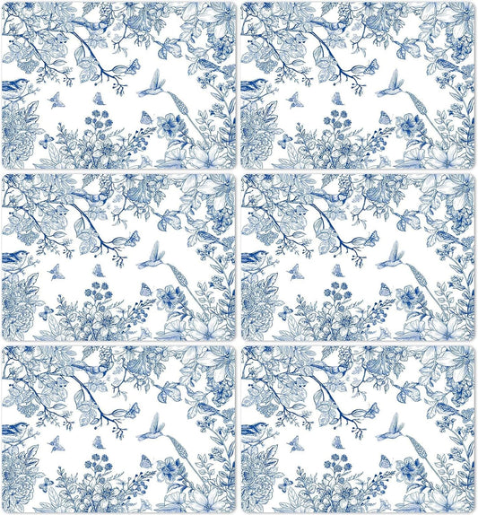 Blue Floral Placemats Set of 6 Flower Bird Plastic Table Mats Seasonal Spring Placemats Chinoiserie Place Mats Rustic Vintage Table Decoration for Indoor Outdoor Party Kitchen Dining