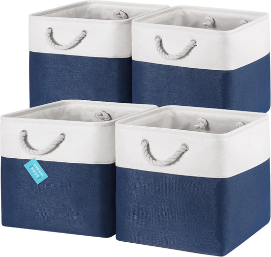 OrganiHaus 13x13 Cube Storage Bins 4 Pack, Foldable Cube Storage Organizer w/ Rope Handles, Collapsible Fabric Bins for Toys, Clothes & Closet Organization, Fabric Square Baskets - Navy Blue