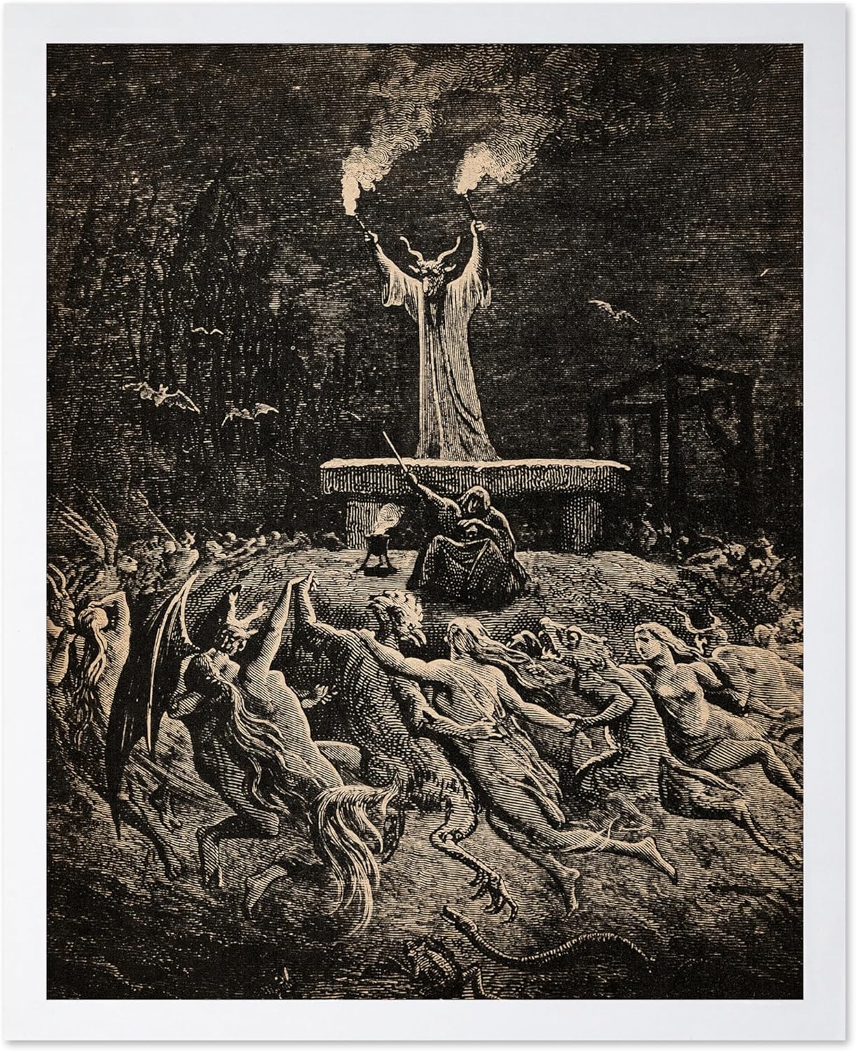 Poster Master Vintage Gustave Dore Poster - Retro Illustration Print - Gift for Gothic, Horror Fan - Dance of Sabbath, Witch, Magic, Spell - Wall Decor for Bedroom, Dorm, 16x20 White Framed
