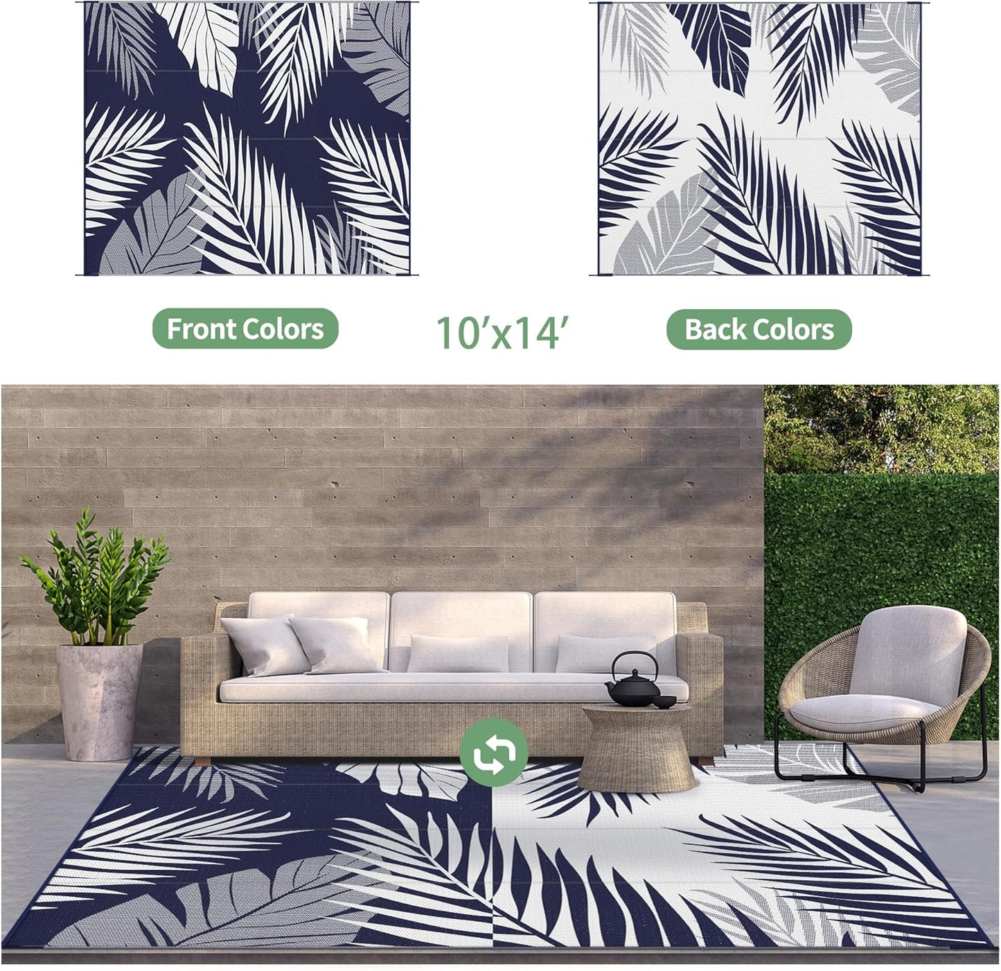 GENIMO Outdoor Rug 10' x 14' Waterproof for Patios Clearance, Reversible Outdoor Plastic Straw Camping Rug Carpet, Large Area Rugs Mats for RV, Camper, Deck, Balcony, Porch, Beach, Navy Blue&White