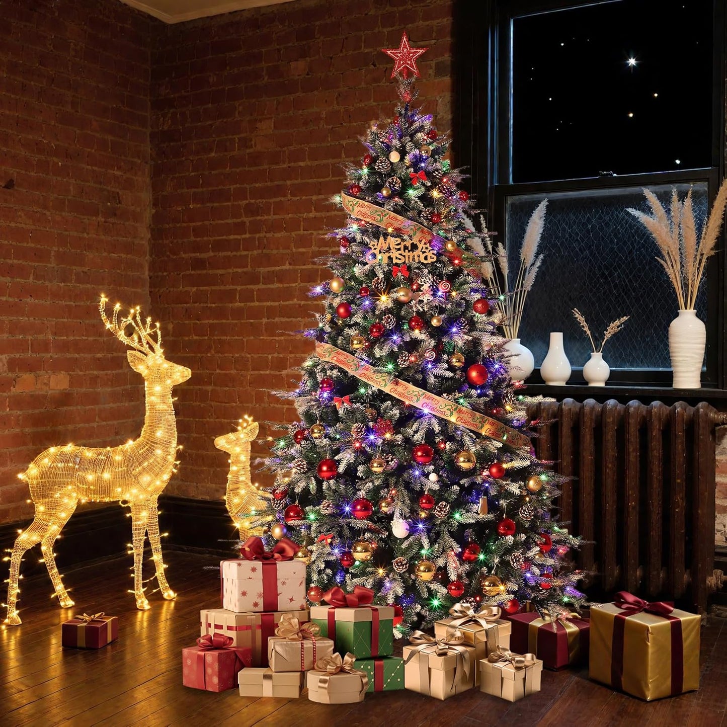 7.5 FT Snow Flocked Christmas Tree with 450 Warm Lights-8 Modes, Prelit Christmas Trees with Pine Cone & Gloves, Metal Folding Stand, Full Artificial Xmars Tree for Home Decor, Norway Spruce, Green