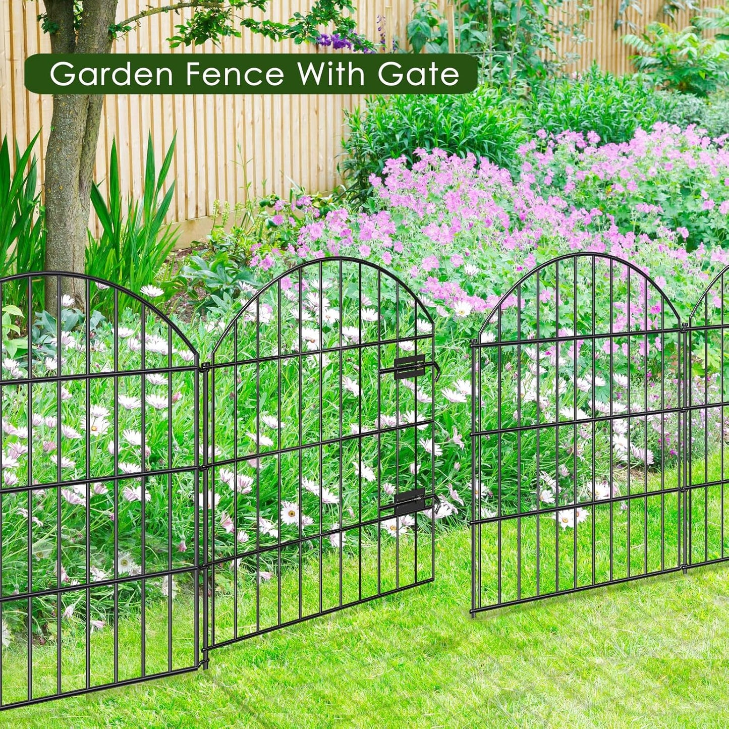 Metal Garden Fence with Gate 28in (H) x 18.7ft (L), 1 Gate + 7 Panels Dog Fence Border Fence Animal Barrier, No Dig Garden Fencing for Yard Flower Bed Lawn Patio Outdoor, ECG2829 Black