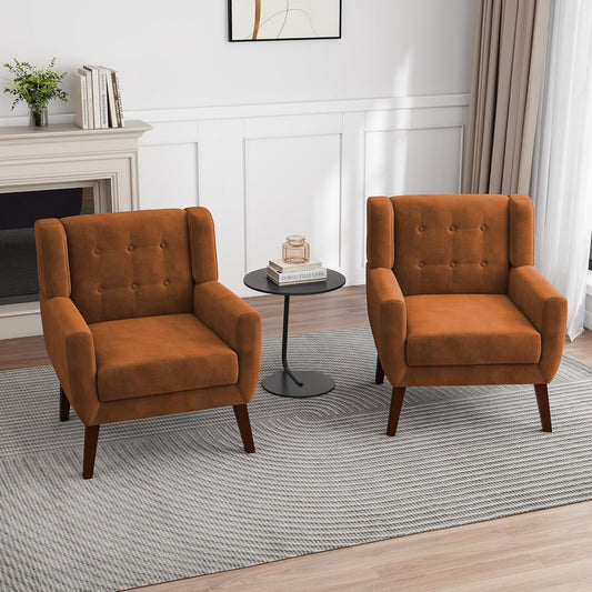 UIXE Accent Chairs Set of 2, Velvet Upholstered Armchair for Living Room, Modern Club Arm Chairs Comfy Single Sofa Button Tufted Bedroom Reading Seat - Orange