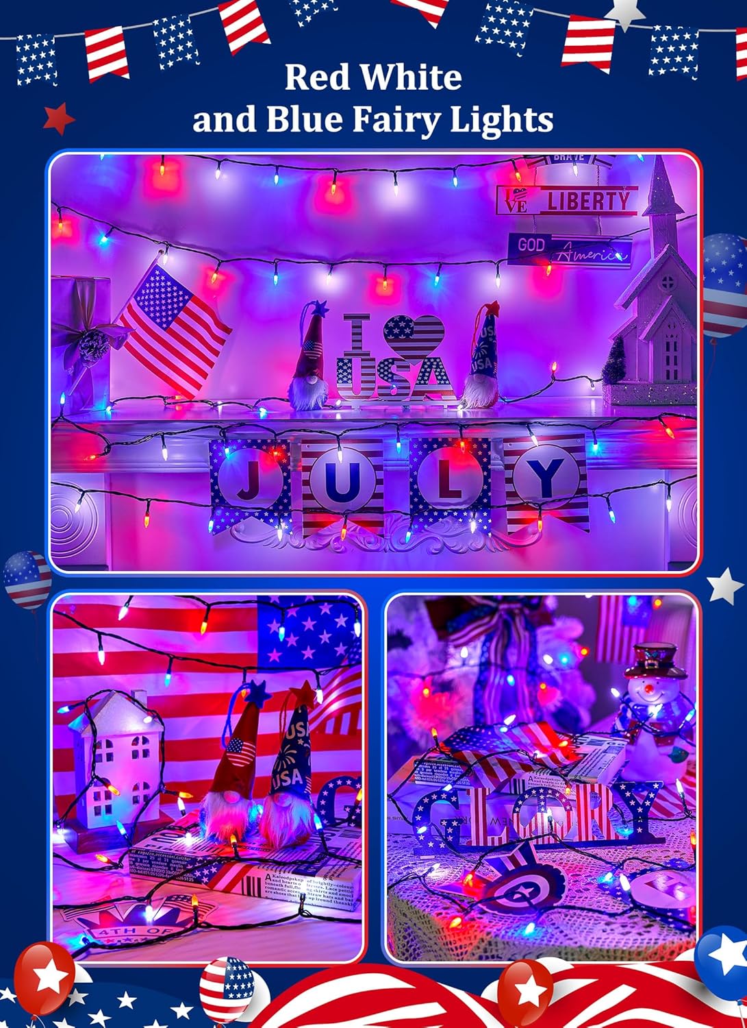 Red White Blue LED Lights - 100 Count 4th July Decoration Connectable Patriotic Mini String Lights Waterproof for Indoor Outdoor Xmas Holiday Party Patio Independence Day Decoration