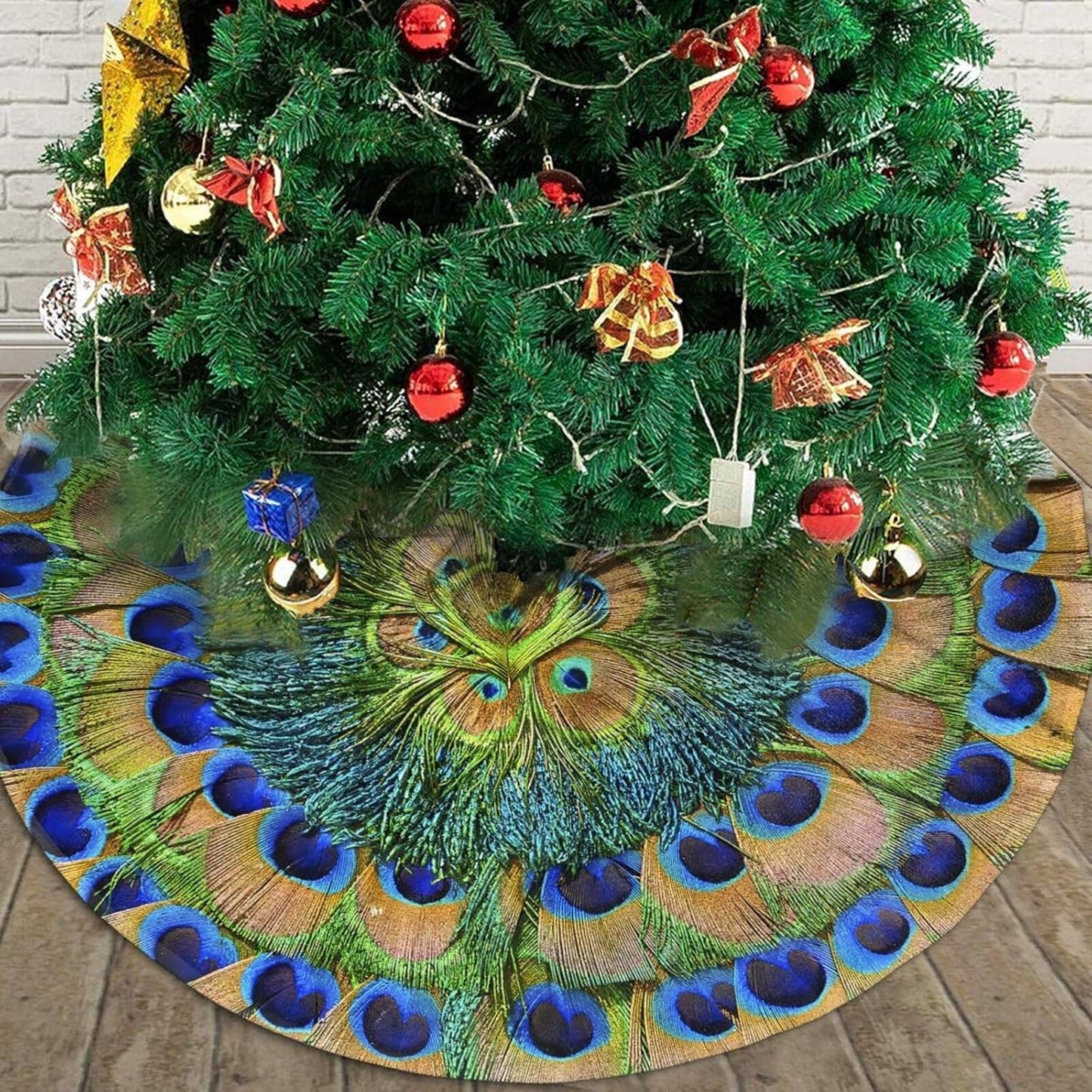 Christmas Tree Skirt,Peacock Feathers Circle Xmas Tree Skirt Rustic Farmhouse Tree Skirt for Christmas Decor Xmas Holiday Home Party Decorations48