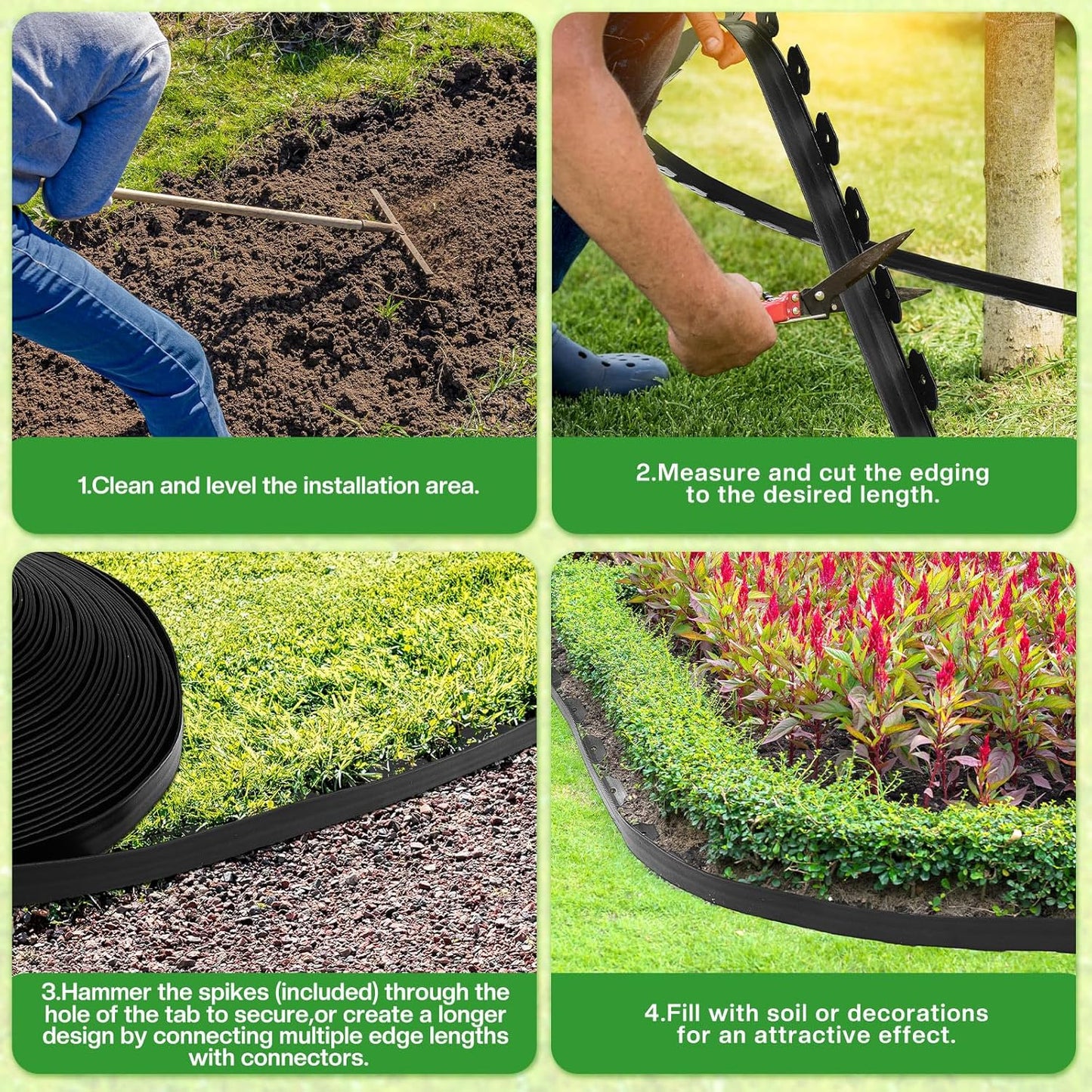 Sasylvia 1.7'' x 200' Landscape Edging Kit Edging Border Coil Include Anchoring Spikes 10 Connectors Plastic Garden Border for Lawn Garden Grass Yard Home(Black)