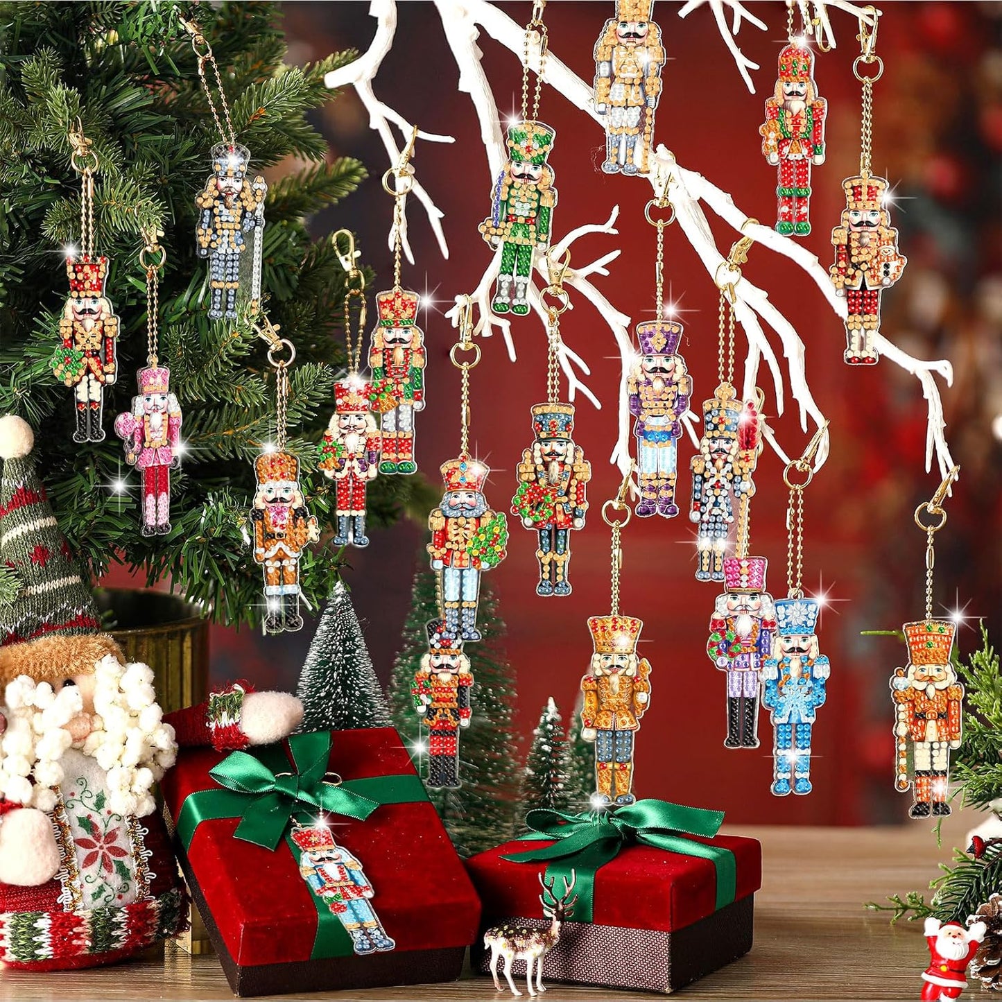 Tondiamo 20 Pcs Christmas Diamond Painting Keychain Kits 5d DIY Christmas Nutcracker Diamond Art Pendants Double Sided Hanging Key Chains Xmas Craft Gifts for Adult Holiday Party Decoration DIY