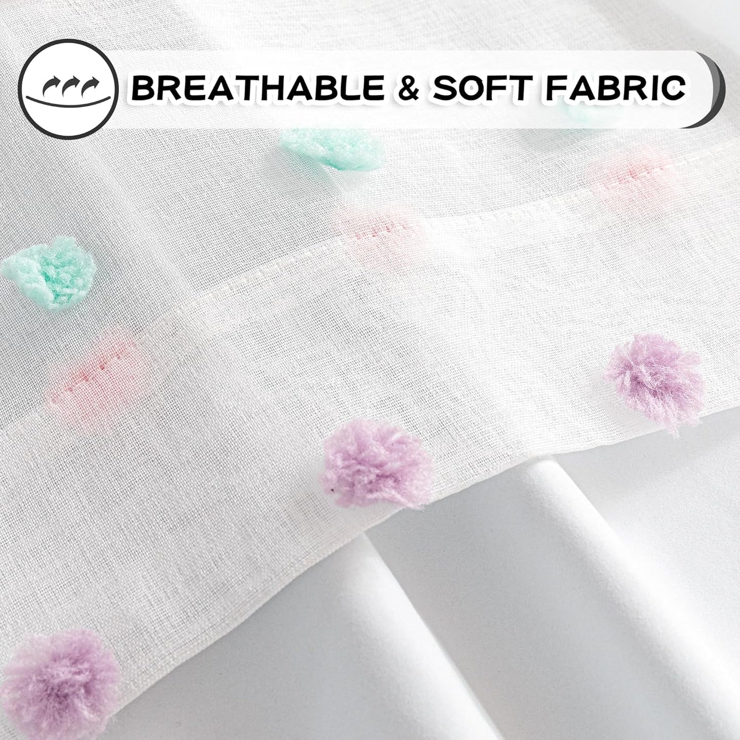 MYSKY HOME 100% Blackout Curtains for Living Room 108 Inch Long Total Light Blocking Curtains for Sliding Glass Door Privacy Protect Grommet 2 Layered Drapes Rainbow Pom Pom Sheer 52 Wide, 2 Pieces