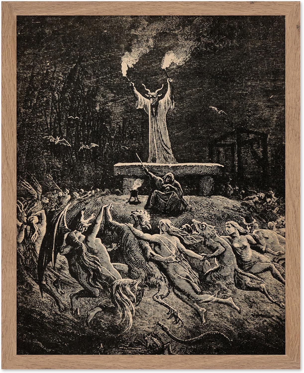 Poster Master Vintage Gustave Dore Poster - Retro Illustration Print - Gift for Gothic, Horror Fan - Dance of Sabbath, Witch, Magic, Spell - Wall Decor for Bedroom, Dorm, 11x14 Beige Framed